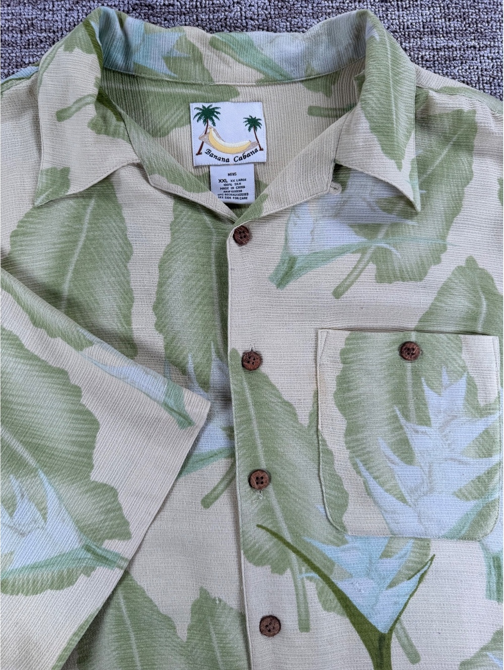 Banana Cabana Tropical Leaf Print Silk Shirt Size 2XL Casual Beachwear Resort